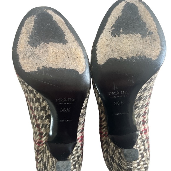 Prada Vero Cocio Check Rose Tweed Wool plaid rosette brown red heels size 36.5 - Picture 7 of 8